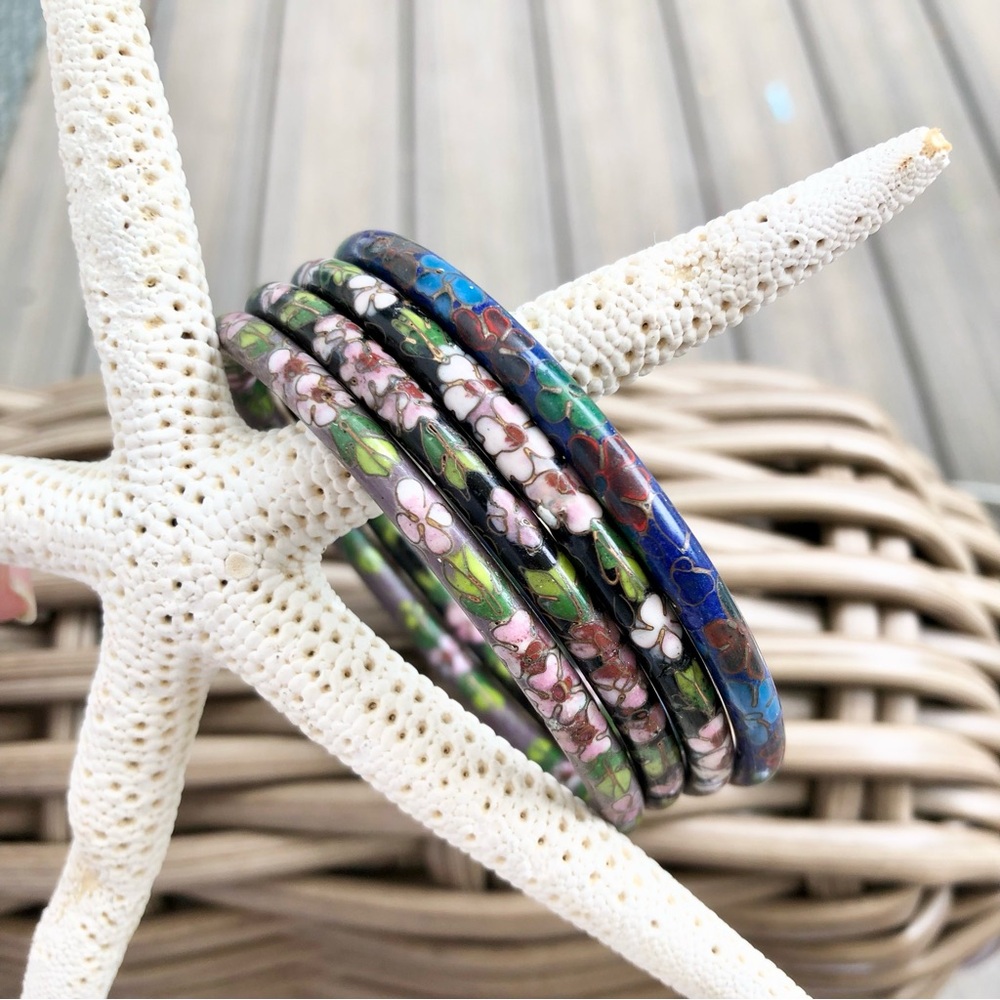Vintage Chinese Cloisonné Enamel Bangle Bracelets Set of 4 floral stackable